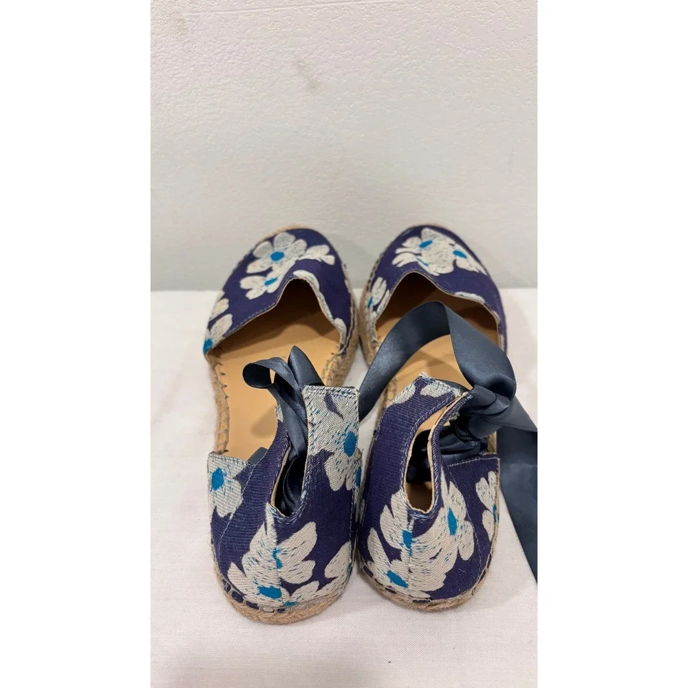 Marc Fisher Valicia2 Floral‎ Espadrille Flats Blue White Ribbon Tie Ankle 8.5M